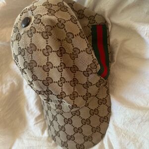 Gucci Beige Monogram Baseball Cap with Green and Red Stripe